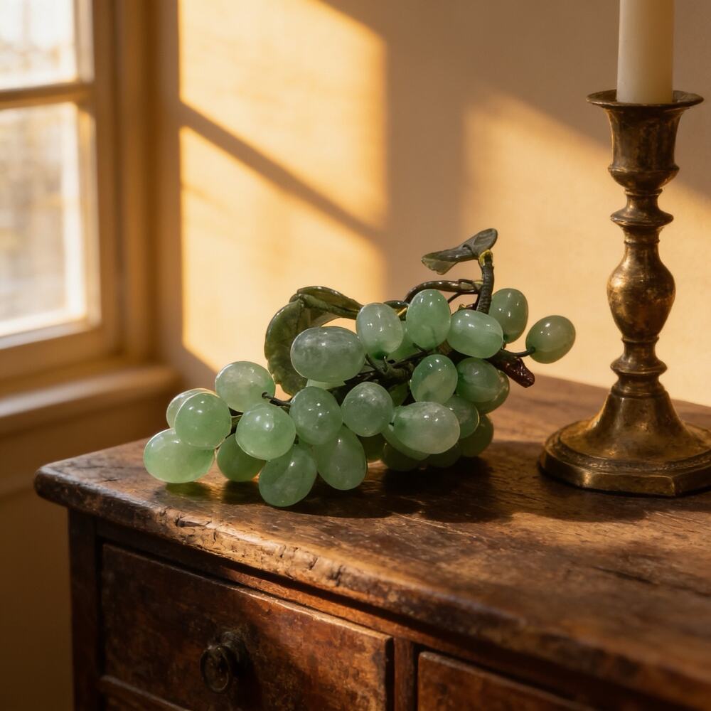 Vintage MCM Carved Stone Jade Color Green Grape Cluster